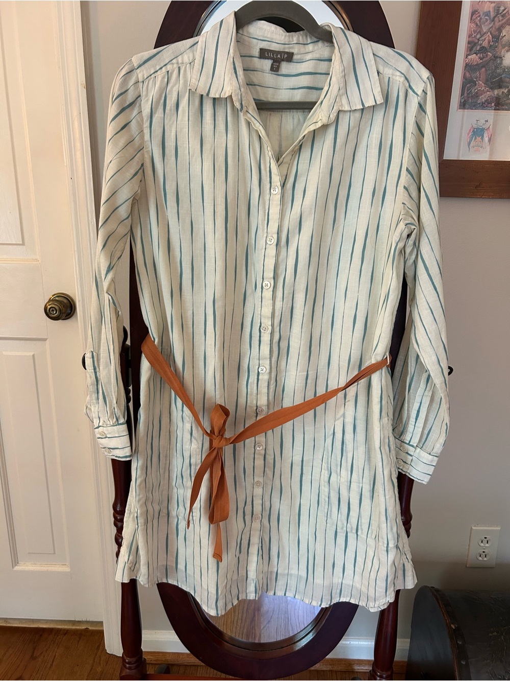 Lilla P Cream Tunic with Teal Stripes and Brown Waist Tie